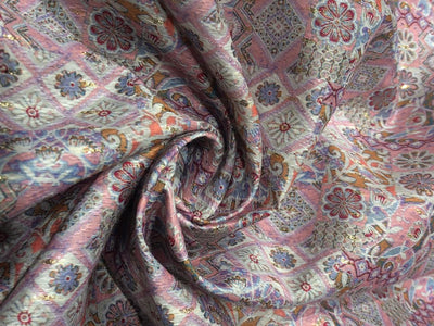 Silk Brocade fabric 56" ivory with  pink with blue and mango floral and very subtle metallic gold jacquard BRO1060[2]