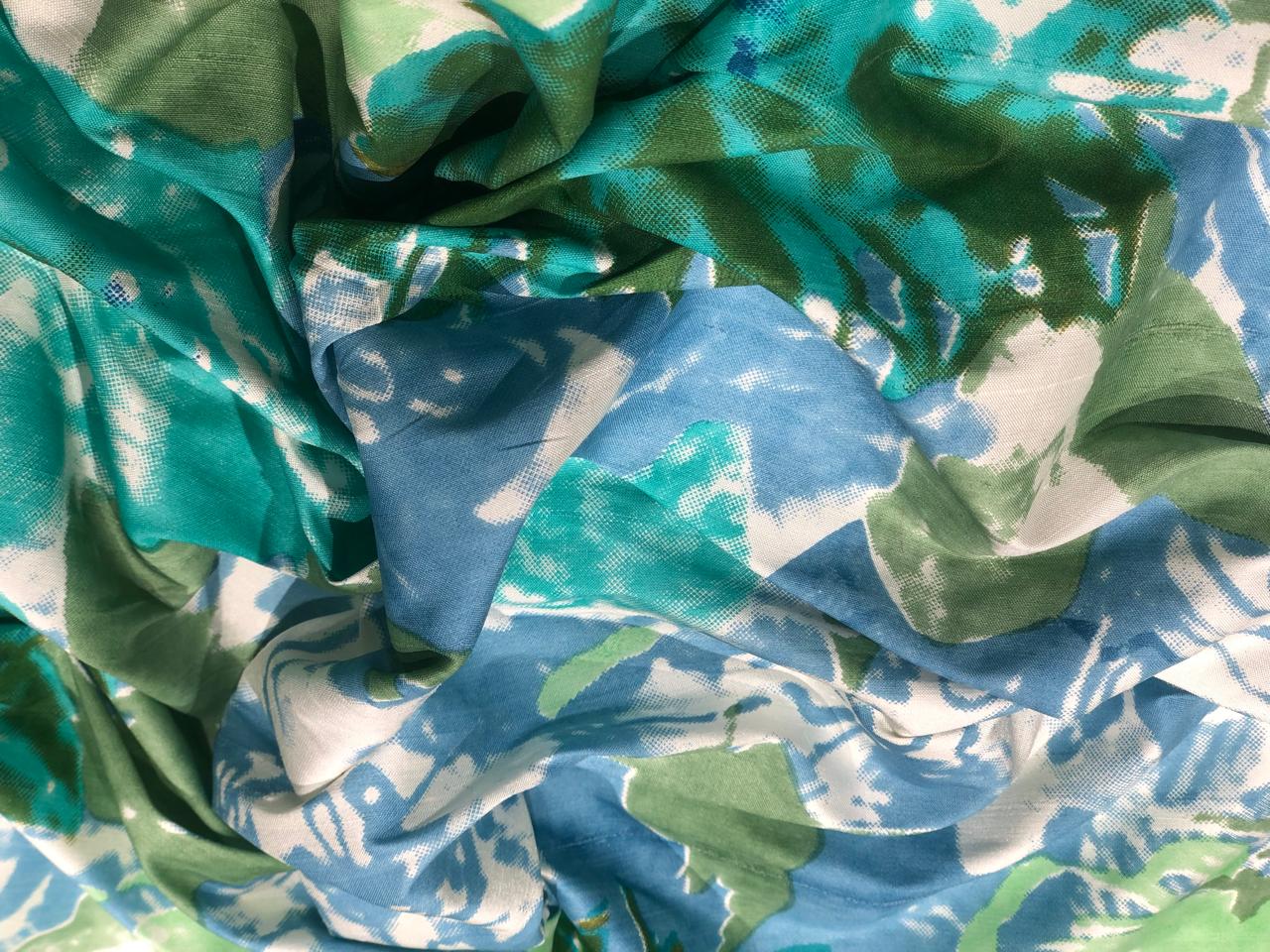 100% silk Dupion fabric floral print shades of blues and greens 54" wide DUPPRT43