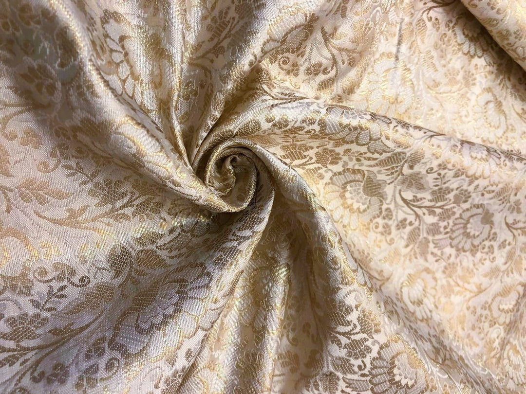 Silk Brocade fabric ivory and light metallic gold floral jacquard all over 44