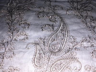 100% Linen  Kashmiri Embroidered fabric paisleys 58" wide available in 3 colors ivory with pink paisleys ,camel with navy paisley and ivory with beige paisley