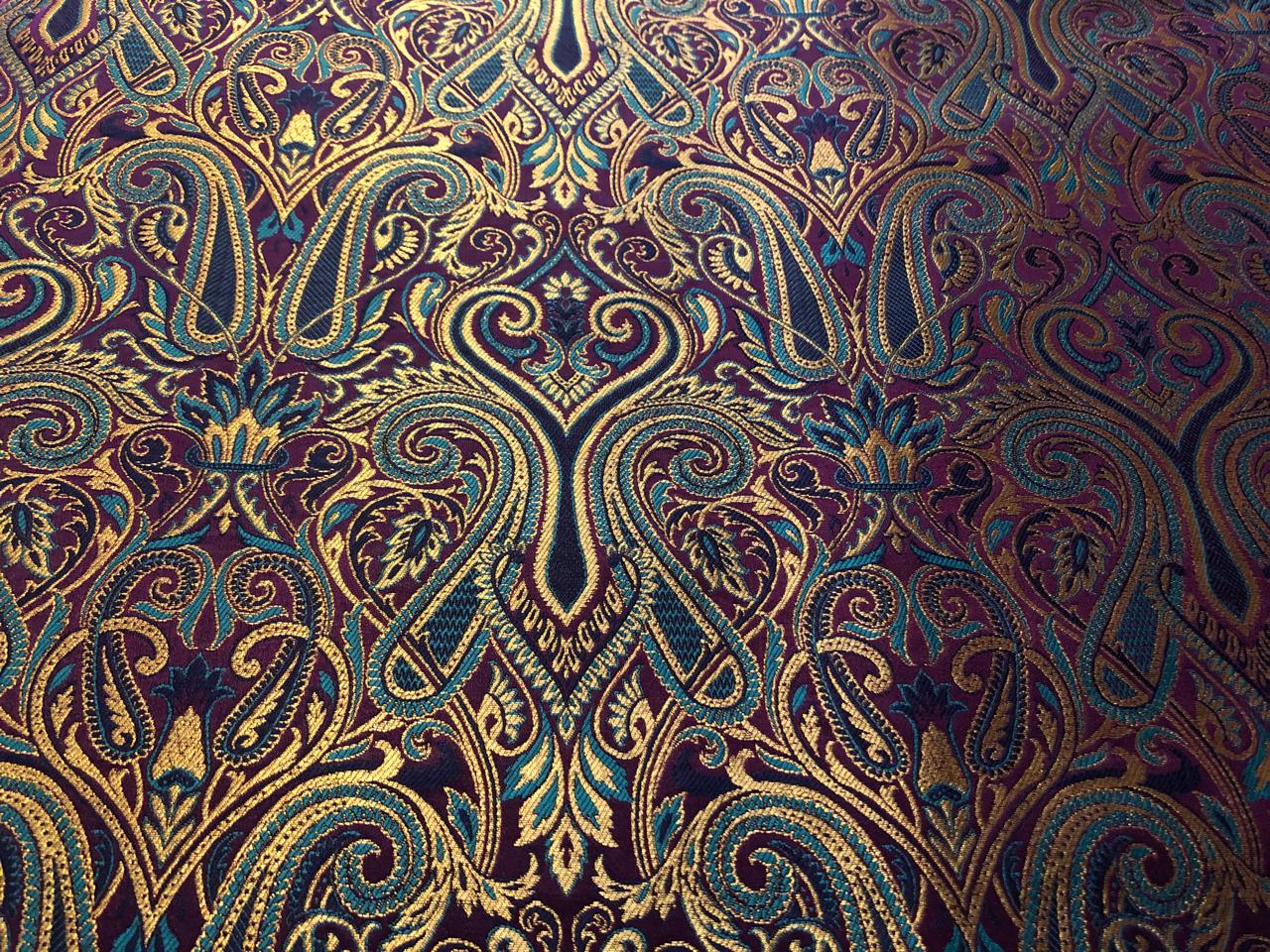 Silk Brocade fabric gold jacquard paisleys available in 3 colors magenta/teal ,deep purple/teal and peach/green/red BRO1102