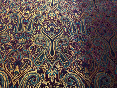 Silk Brocade fabric gold jacquard paisleys available in 3 colors magenta/teal ,deep purple/teal and peach/green/red BRO1102