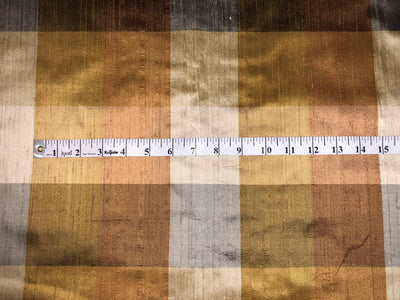 100% silk dupion  Plaids fabric shades of gold, brown and grey with slubs DUPNEWC31[2]