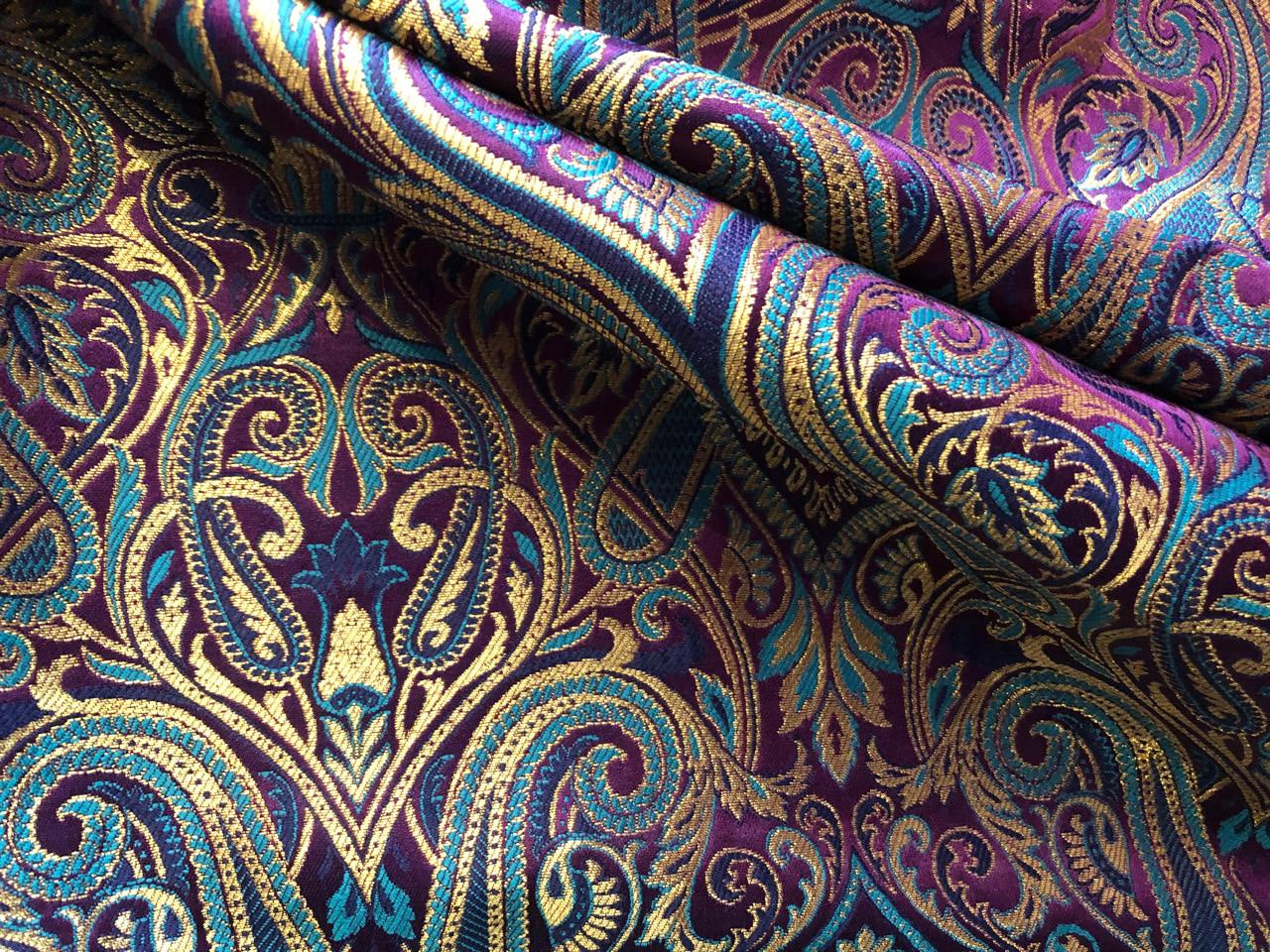 Silk Brocade fabric gold jacquard paisleys available in 3 colors magenta/teal ,deep purple/teal and peach/green/red BRO1102