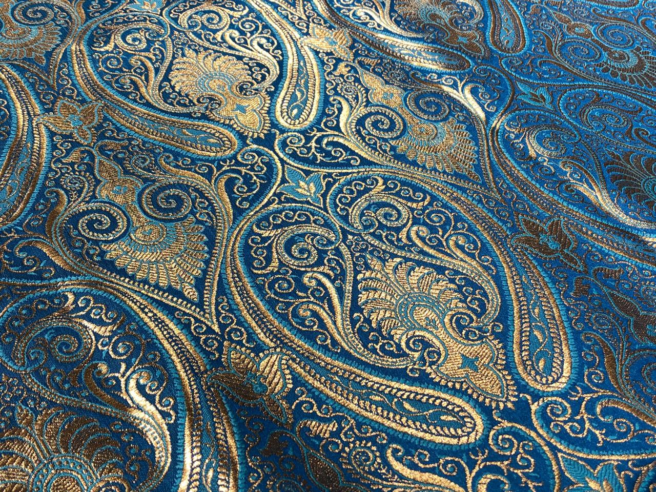 Silk Brocade fabric 44" paisley metallic gold  jacquard available in 2 colors bright orange and turquoise blue  BRO1049
