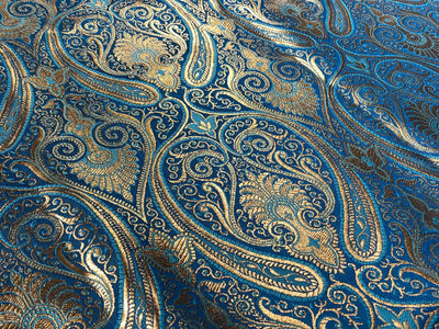 Silk Brocade fabric 44" paisley metallic gold  jacquard available in 2 colors bright orange and turquoise blue  BRO1049