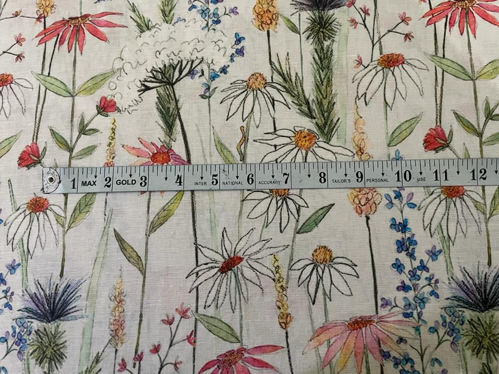 100% Linen Beautiful Ivory with Colorful Floral Print Fabric 44" wide [15419]