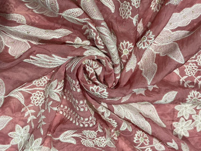 Designer Unstitched Semi Silk  PEACH GEORGETTE PARSI EMBROIDERY each order has 2.70 yards of embroidered fabric with a matching embroidered dupatta