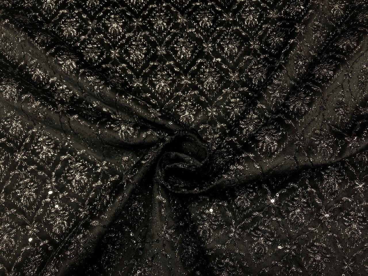 Brocade Velvet Embroidered fabric black color 60" wide 2 styles a black and silver and black with sequence BRO1088