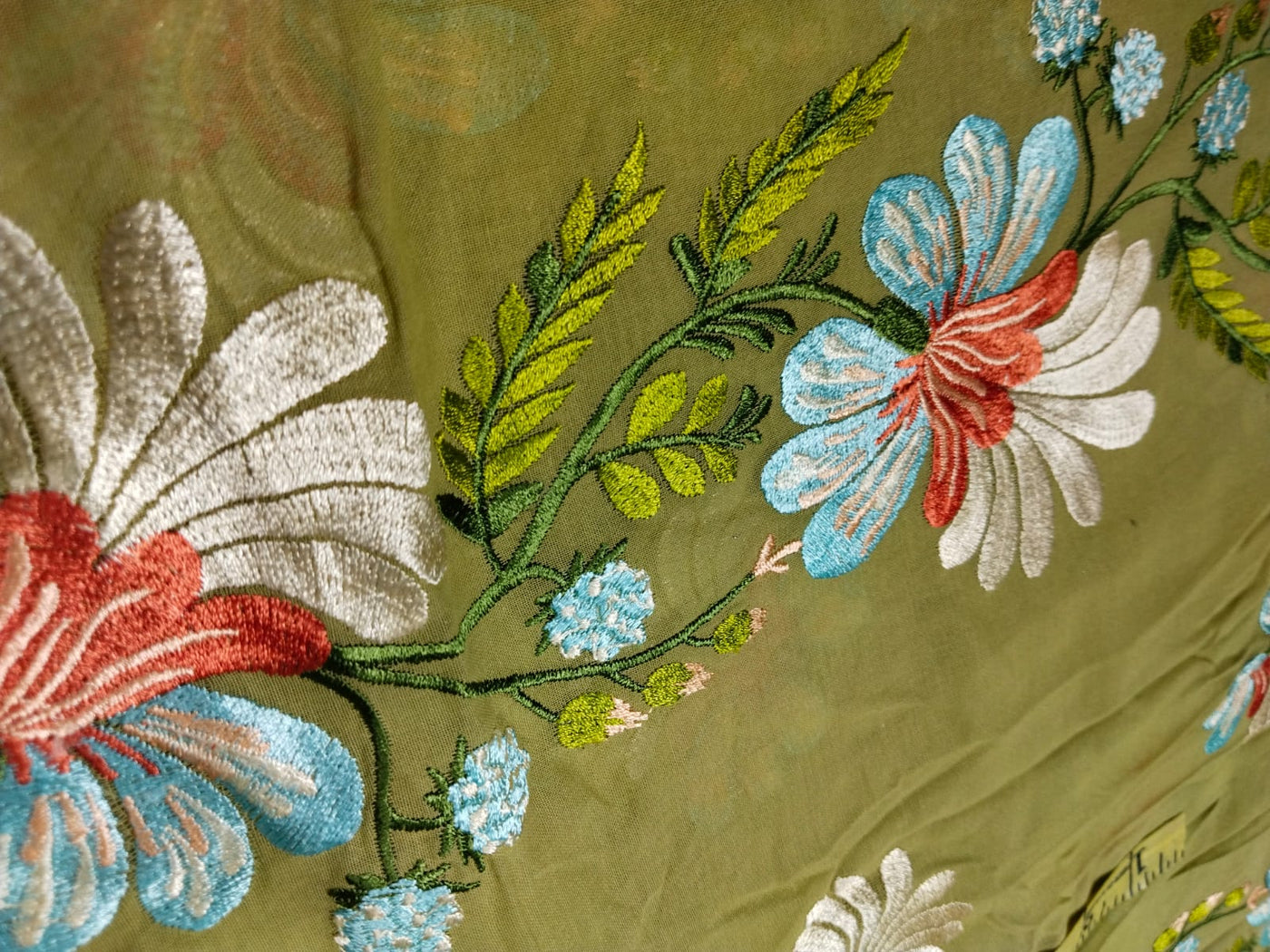 100% Cotton voile fabric~ with embroidery available in 2 colors blue and olive