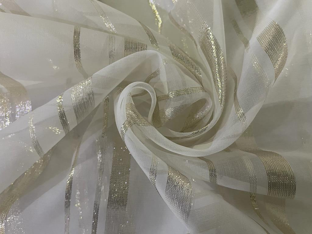 100% silk organza white with white gold lurex stripes fabric 44" wide [15512]