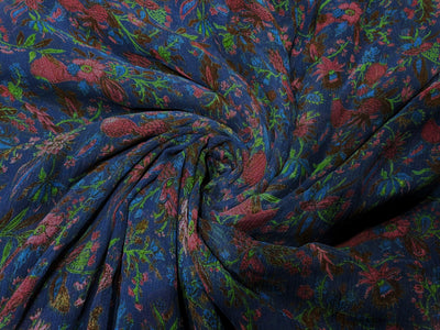 Silk chiffon printed  fabric deep ink blue  Color with red and green floral Print 44" wide [17793]