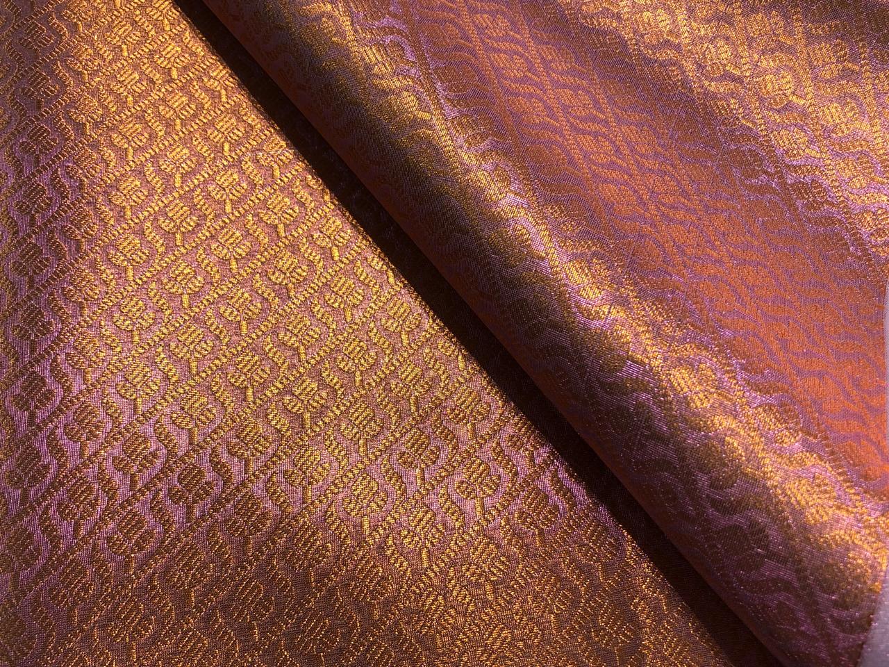 Silk Brocade pink Tissue Fabric with metallic copper  jacquard available in 2 designs floral and geometric with leaf motif BRO1020[1/2]