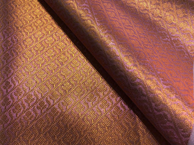 Silk Brocade pink Tissue Fabric with metallic copper  jacquard available in 2 designs floral and geometric with leaf motif BRO1020[1/2]