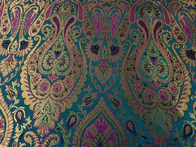 SILK BROCADE FABRIC PEACOCK GREEN /MAJENTA PINK X METALIC GOLD COLOR 44" WIDE BRO392[4]