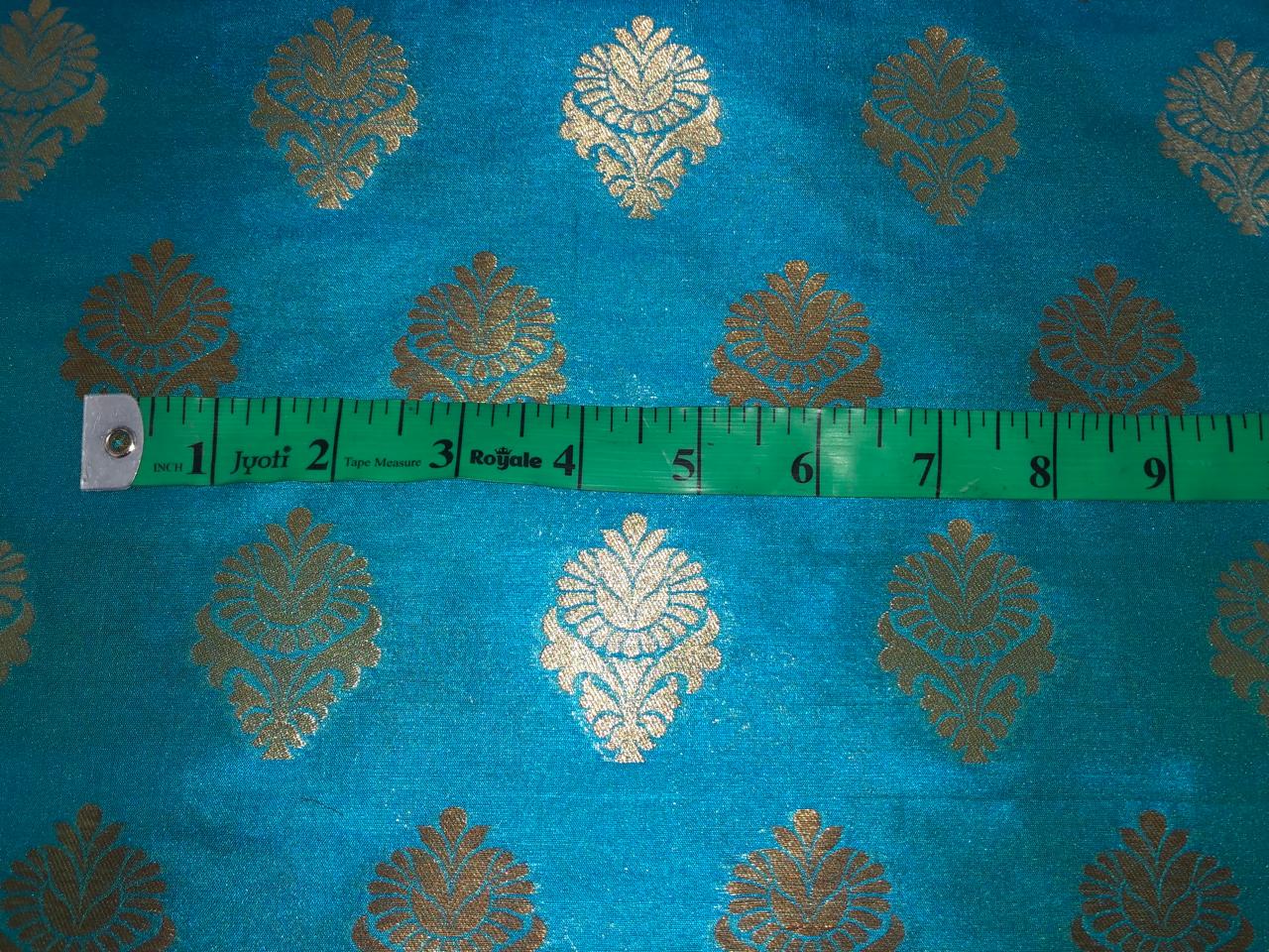 100% PURE Silk Brocade fabric 44" wide FLOWER MOTIF TURQUOISE BLUE BRO1016[3]