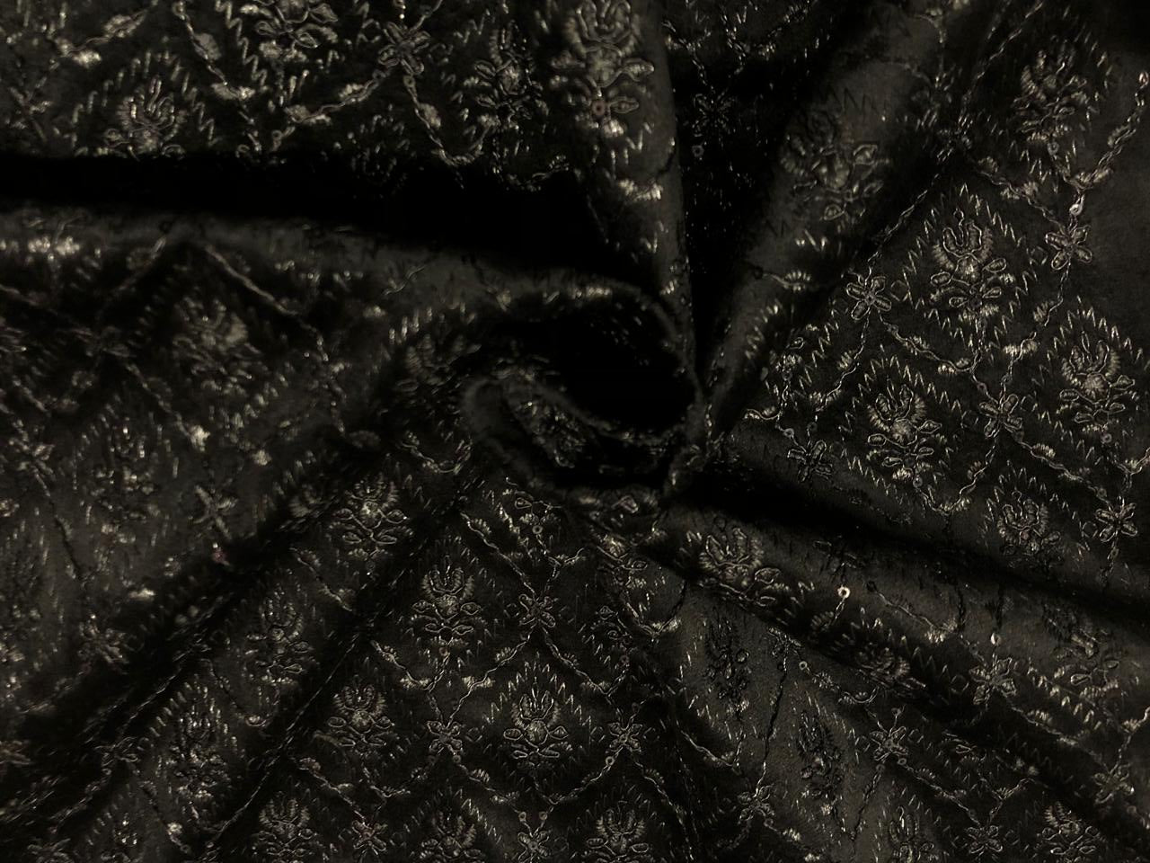 Brocade Velvet Embroidered fabric black color 60" wide 2 styles a black and silver and black with sequence BRO1088