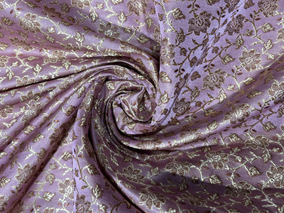 Silk Brocade fabric 44" thistle[lilac] color with golden brown floral vines jacquard  BRO1055[2]