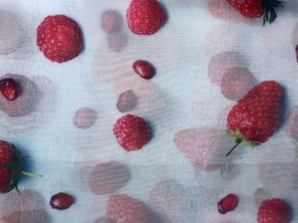 Satin organza fabric digital printed white silver with red