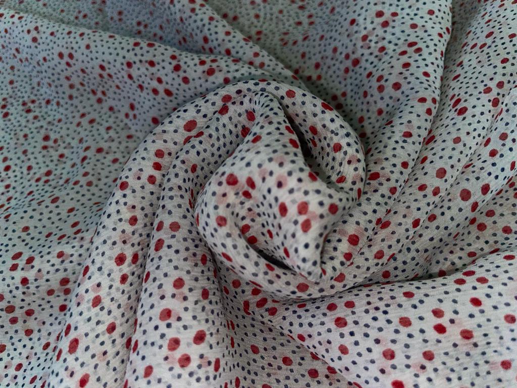Silk chiffon printed fabric White with red and black dots  44" wide [15459]