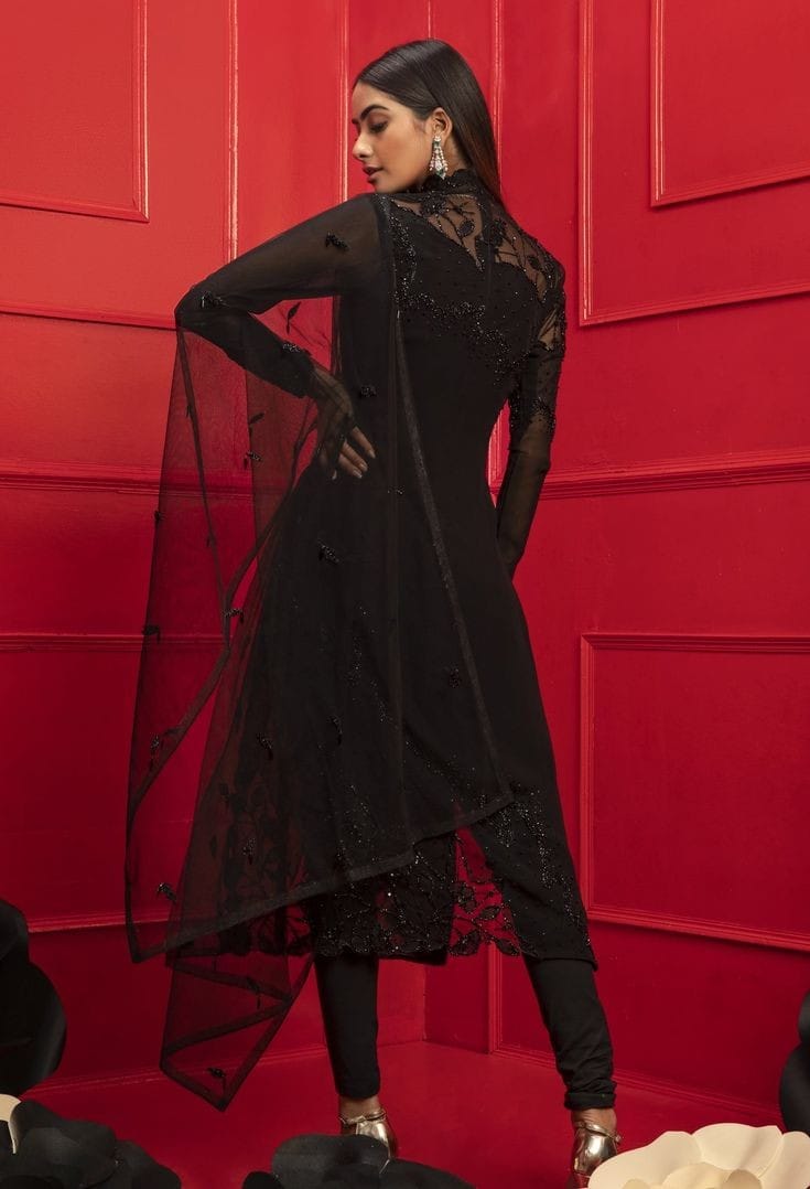 black dress net Evaleen Black Panel Net Dress