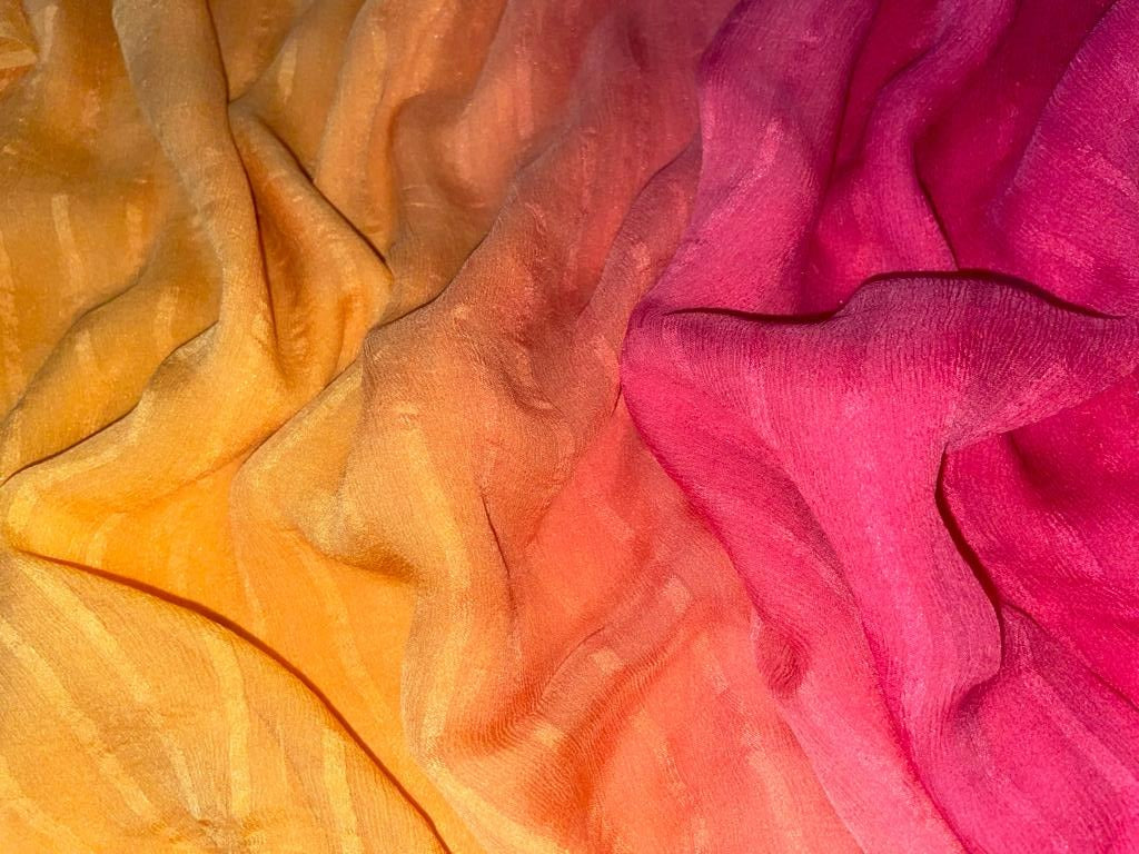 Silk Chiffon shaded available in 4 options and custom colors too[SHADED PINK AND ORANGE STRIPE SHADED PINK AND BLUE STRIPE SHADED SAFFRON YELLOW AND ORANGE STRIPE SHADED PINK AND WHITE CUSTOM COLORS SOLID FROM 1 - UNLIMITED YARDS[PRICE PER YARD]