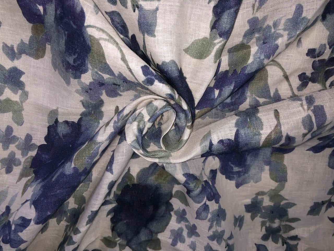 70's lea  pure linen fabric 57 inch wide grey and blue floral print [17649]