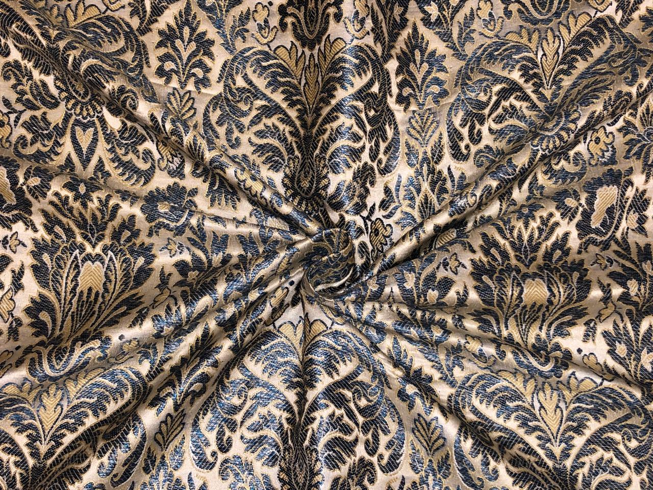 Silk Brocade fabric ivory with teal   floral  jacquard BRO1005[3]