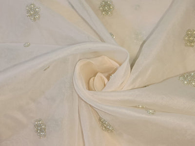 Silk organza with  pearl hand embroidery Semi Sheer fabric 54" wide available in 2 colors ivory and antique gold pearls/ivory and ivory pearls