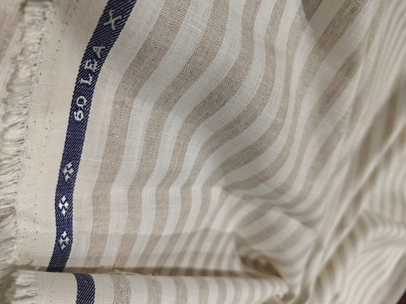 100% Linen stripe 60's Lea Fabric 58" wide available in three colors BLUE/WHITE,GREY/BLUE AND CAMEL/IVORY