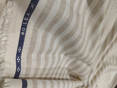 100% Linen stripe 60's Lea Fabric 58" wide available in three colors BLUE/WHITE,GREY/BLUE AND CAMEL/IVORY