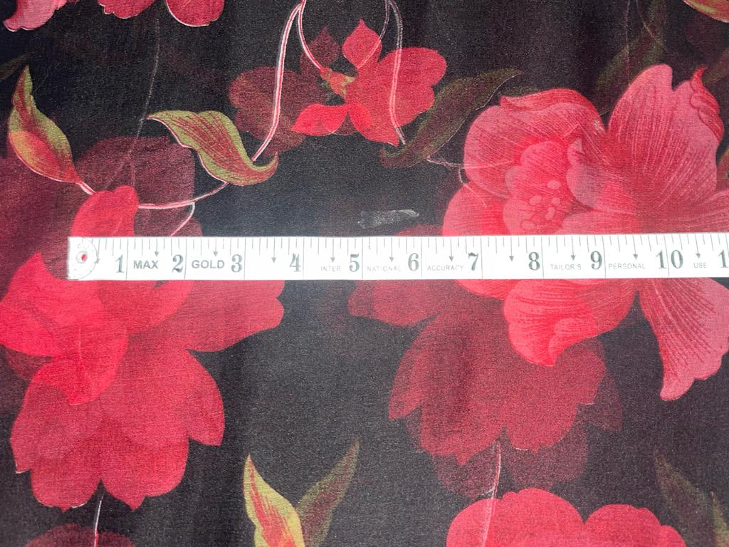Silk chiffon printed  fabric black with red  floral  44" wide [15479]