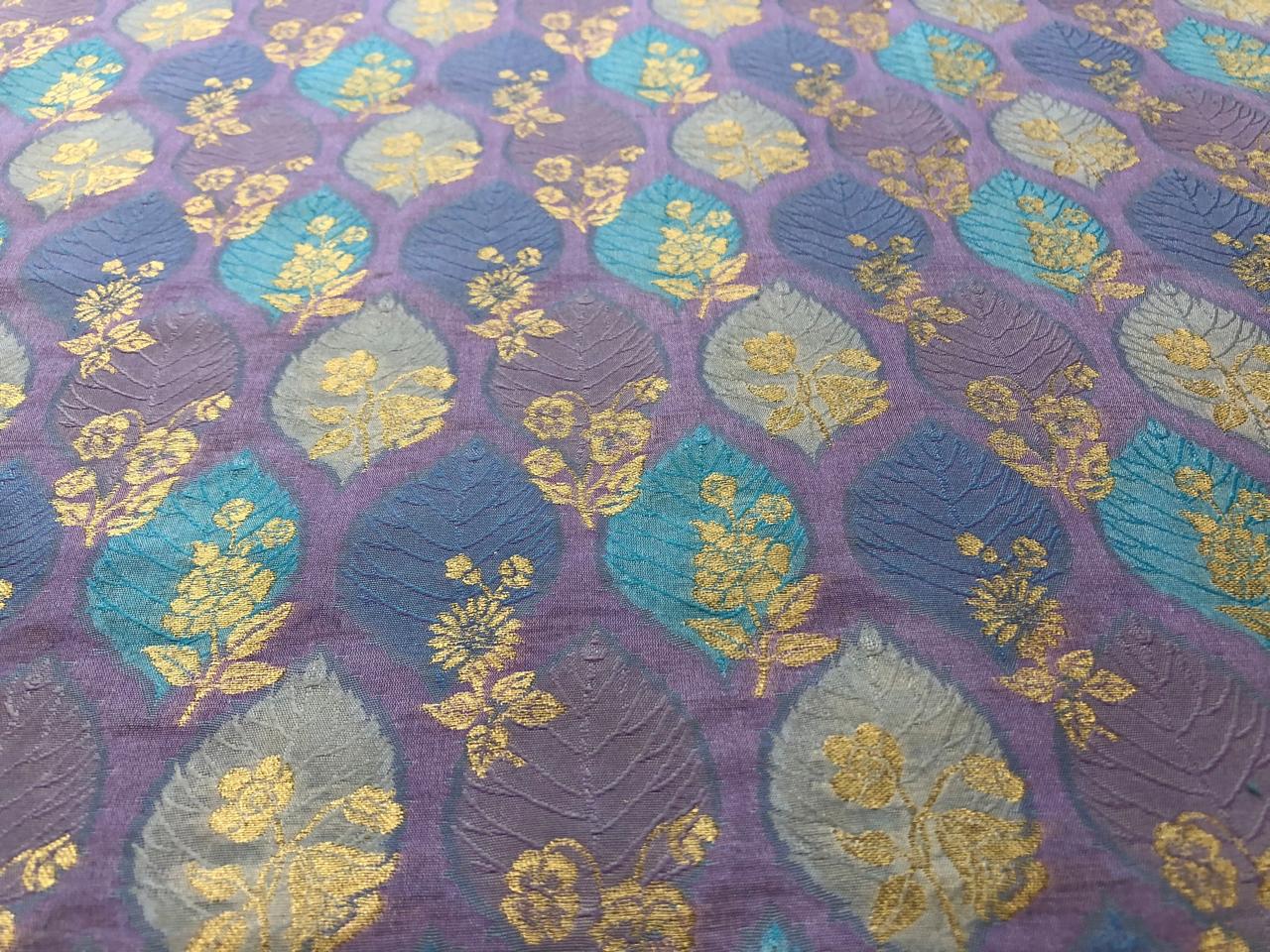 Silk Brocade fabric with colorful  leaf floral motif jacquard available in 3 colors mauve , pink peach and ivory BRO1091