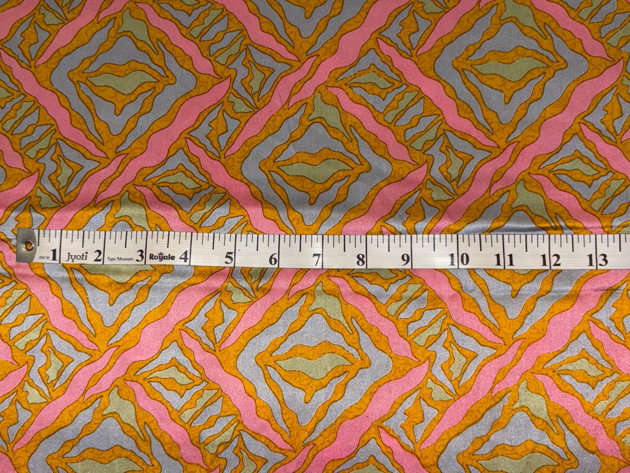 100% Pure Silk 100 grams satin printed 44"wide fabric pink, mustard and silver grey abstract  [18419]