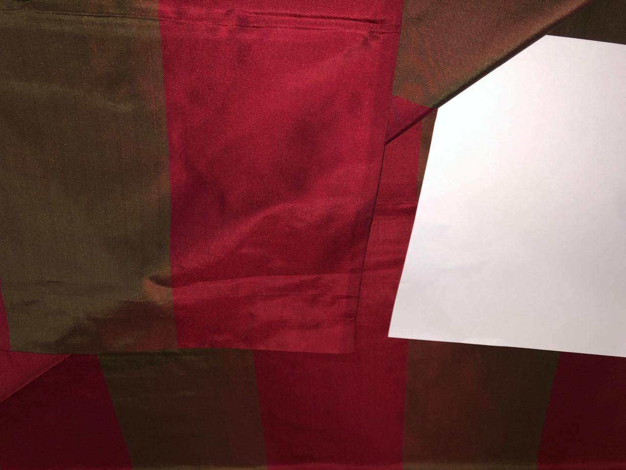 100% PURE SILK DUPIONI FABRIC  stripes BURGANDY AND IRREDESCENT GREEN X RED   COLOR 54" WIDE single length 4.85 yds DUPcutS7