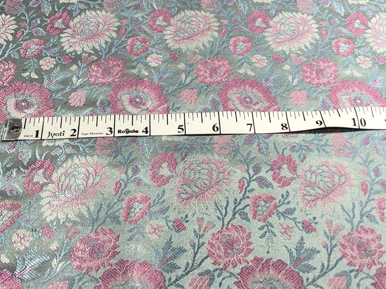 Silk Brocade fabric 44"  green sheen, silver ,blue and pink floral  jacquard BRO1050[1]