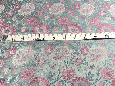 Silk Brocade fabric 44"  green sheen, silver ,blue and pink floral  jacquard BRO1050[1]