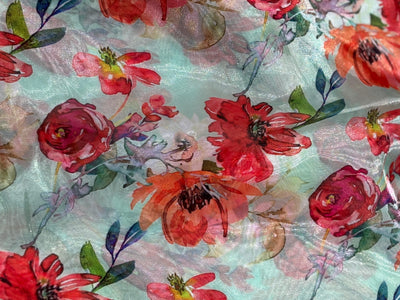 Silk metallic tissue organza fabric MULTI COLOR FLORAL JACQUARD 44 INCHES WIDE available in 2 STYLES MINT WITH PINK/ORANGE FLOWERS AND YELLOW WITH TINY PINK/ORANGE FLOWERS[17164/65]