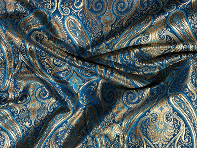 Silk Brocade fabric 44" paisley metallic gold  jacquard available in 2 colors bright orange and turquoise blue  BRO1049