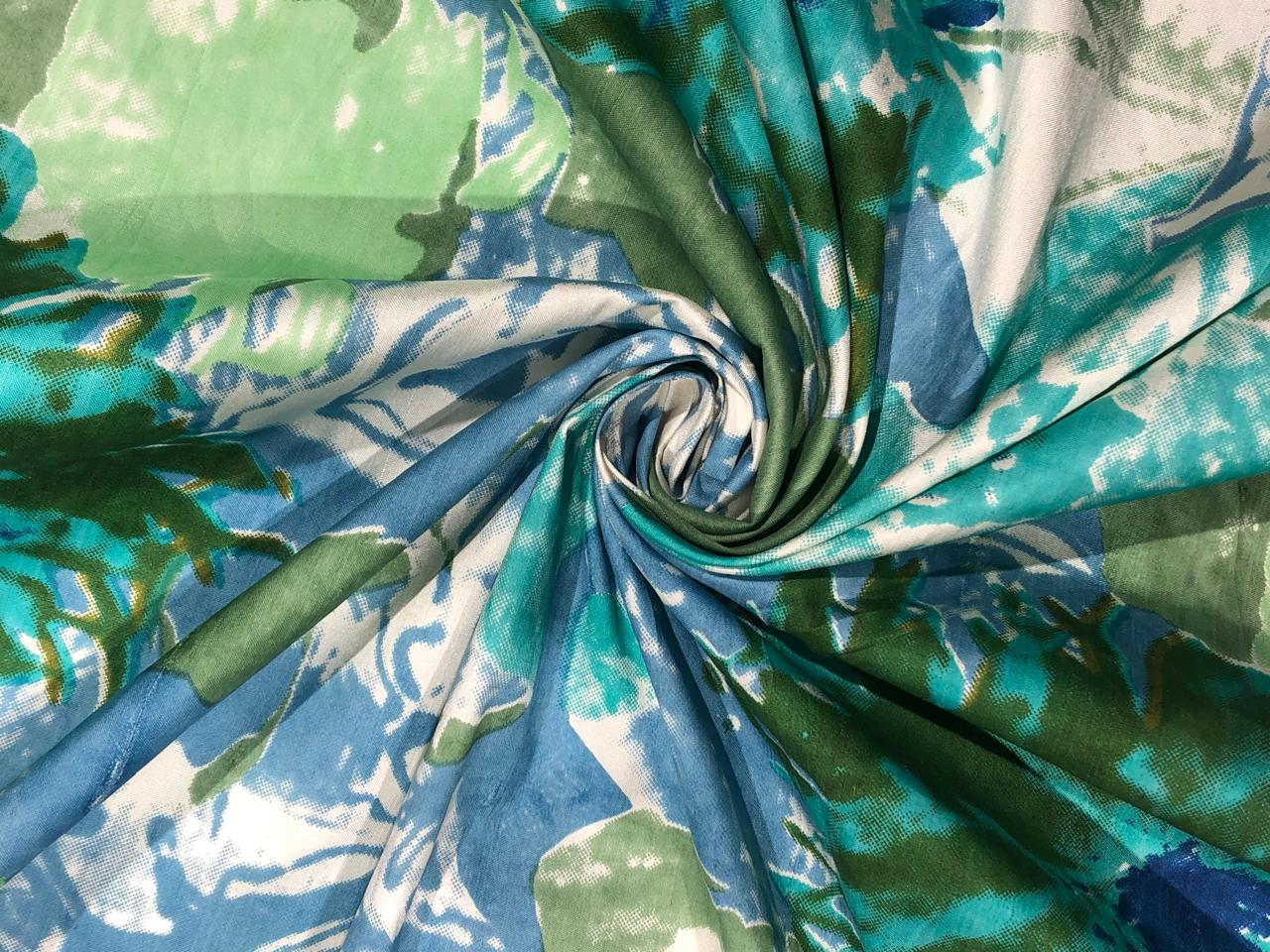 100% silk Dupion fabric floral print shades of blues and greens 54" wide DUPPRT43