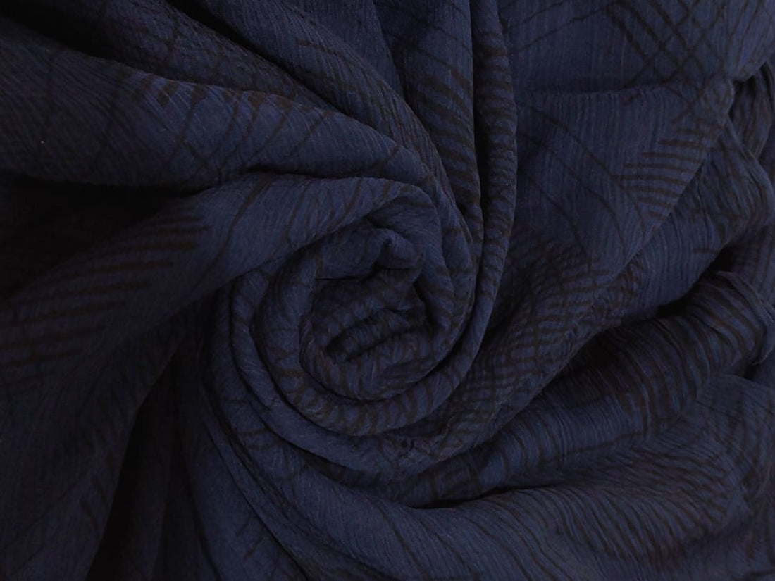 Silk chiffon printed  fabric NAVY with abstract black lines 44" wide [12374]