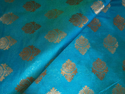 100% PURE Silk Brocade fabric 44" wide FLOWER MOTIF TURQUOISE BLUE BRO1016[3]