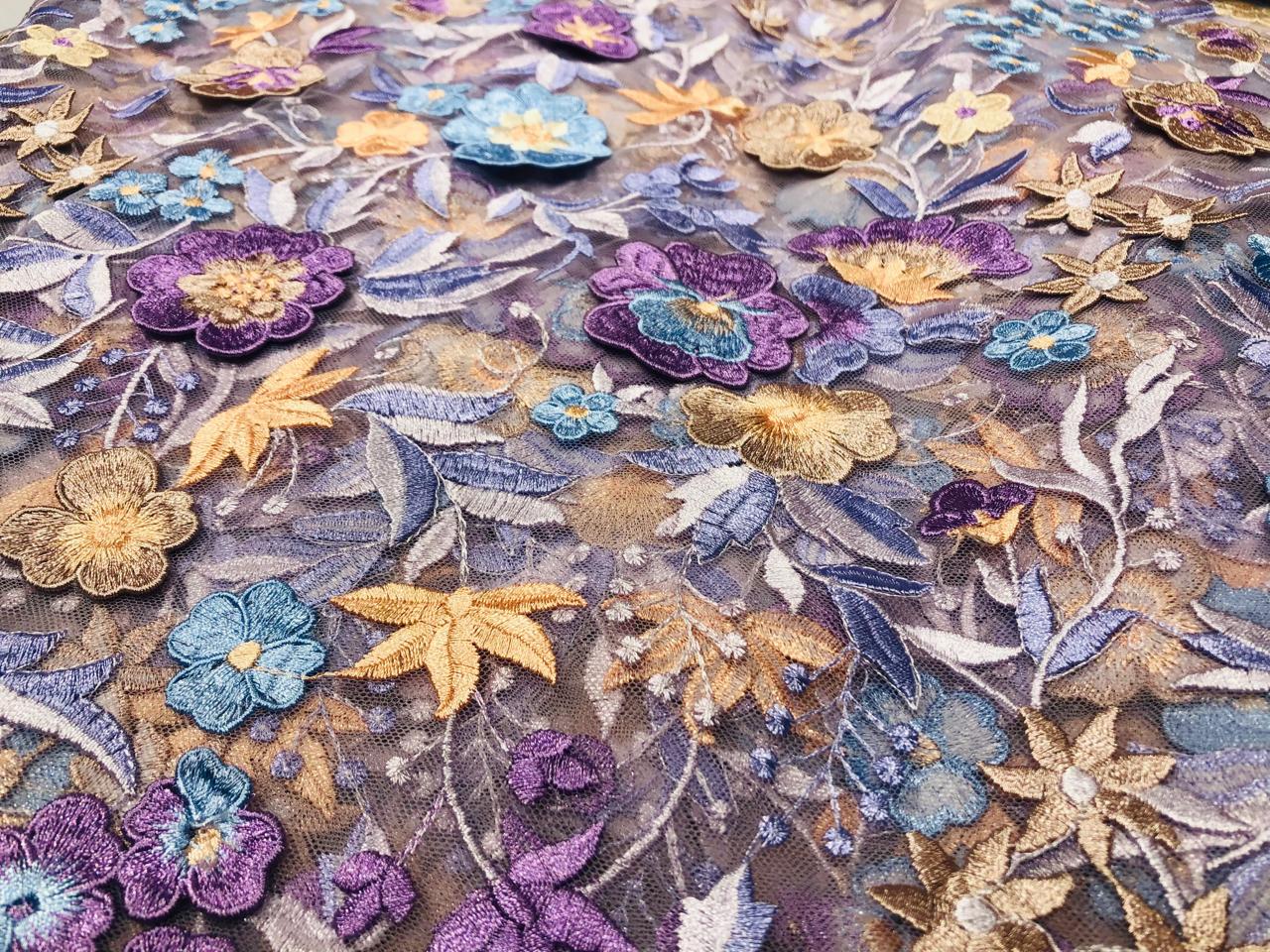 NET fabric lilac with floral embroidery with patchwork of nude pink, lilac and blue flowers 58" wide [17716]