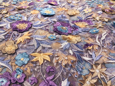 NET fabric lilac with floral embroidery with patchwork of nude pink, lilac and blue flowers 58" wide [17716]