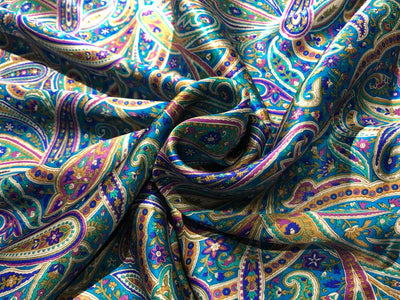 100% PURE SILK 80 GRAMS  SATIN PRINTED 44"WIDE FABRIC BLUE MULTICOLOR PAISLEY PRINT [16945]