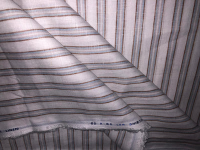 100% Linen stripe 60's Lea Fabric 58" wide ivory/powder blue and light brown color stripes