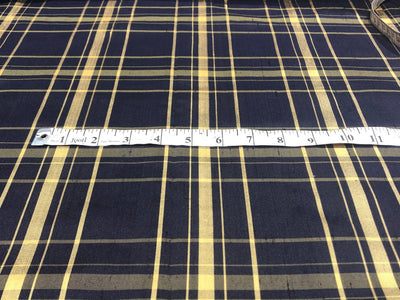 100% PURE SILK DUPIONI FABRIC  PLAIDS NAVY AND GOLD  COLOR 54" WIDE single length 2.50 yds DUPcutC9