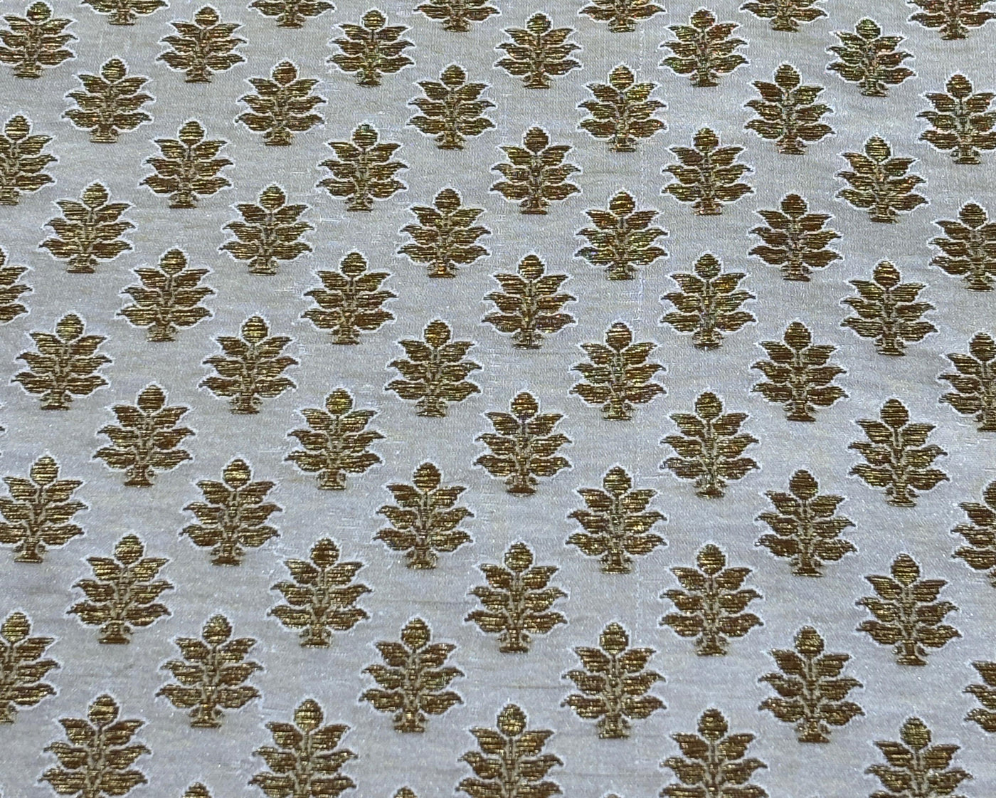Silk Brocade fabric 44" dark ivory with antique gold jacquard motifs available in 2 designs leaf and paisley BRO1053