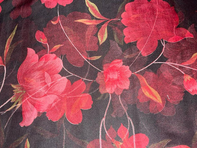 Silk chiffon printed  fabric black with red  floral  44" wide [15479]