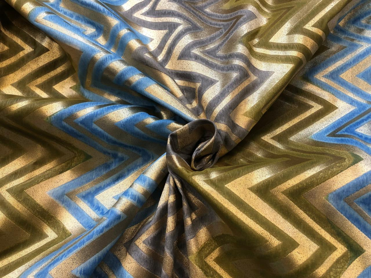 Silk Brocade fabric geometric zig zag jacquard slate blue ,olive and gold BRO1092[3]
